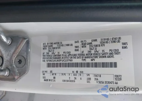 2015 Ford Escape Titanium from USA, damaged, VIN 1FMCU0J93FUC23760